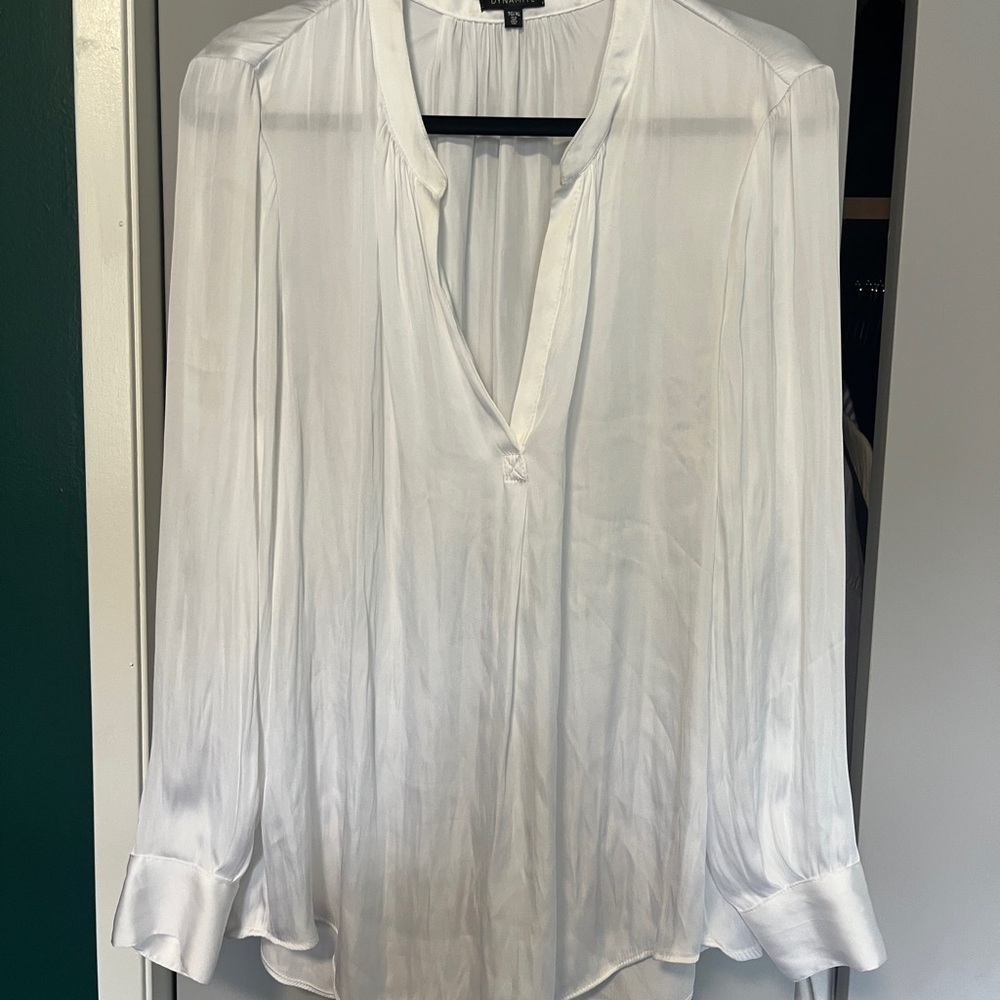 Dynamite White Blouse with Mandarin Collar and Long Cuffed Sleeves